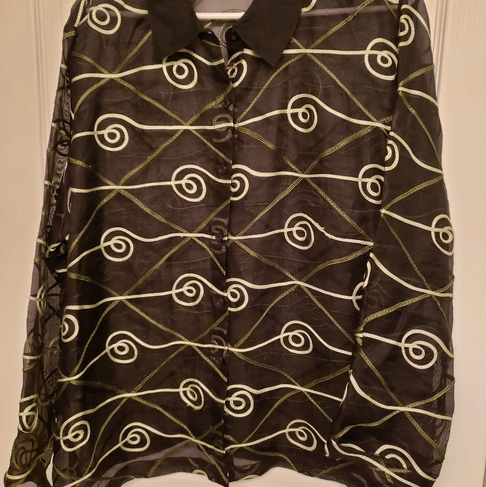 New! JM Collection 100% Silk Black Green Blouse
